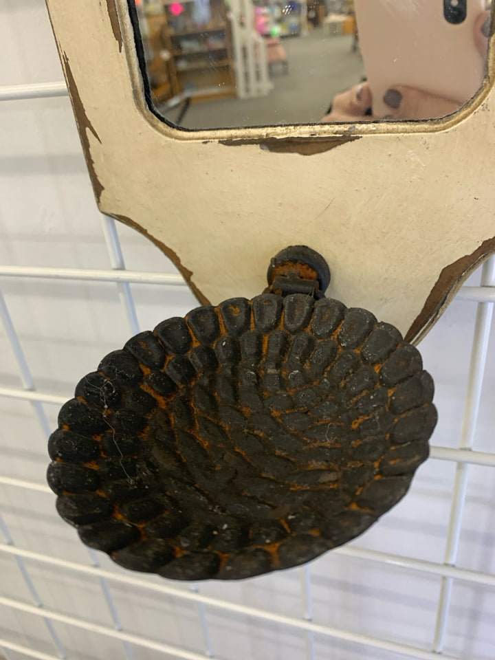 RUSTIC WALL MIRROR W/PILLAR CANDLE HOLDER.