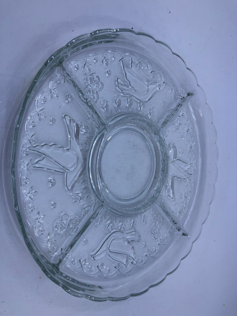 DIVIDED CLEAR DOVE PATTERN PLATTER.