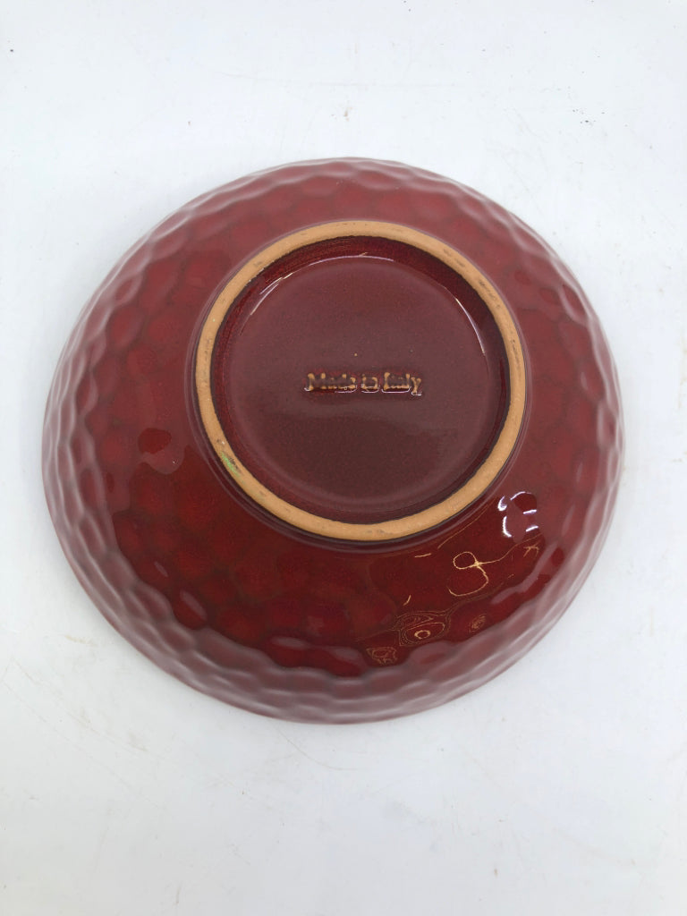 DARK RED SERVING BOWL W/ TEXTURED OUTSIDE MADE IN ITALY.