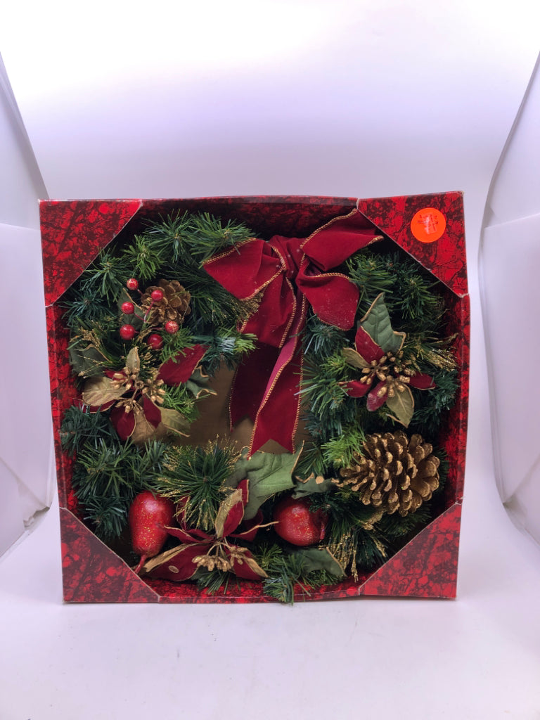 NIB WREATH W RIBBON AND PINECONE.