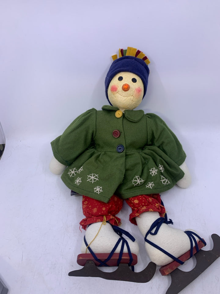 PRIMITIVE STYLE SNOWMAN W/ GREEN SHIRT ICE SKATES.