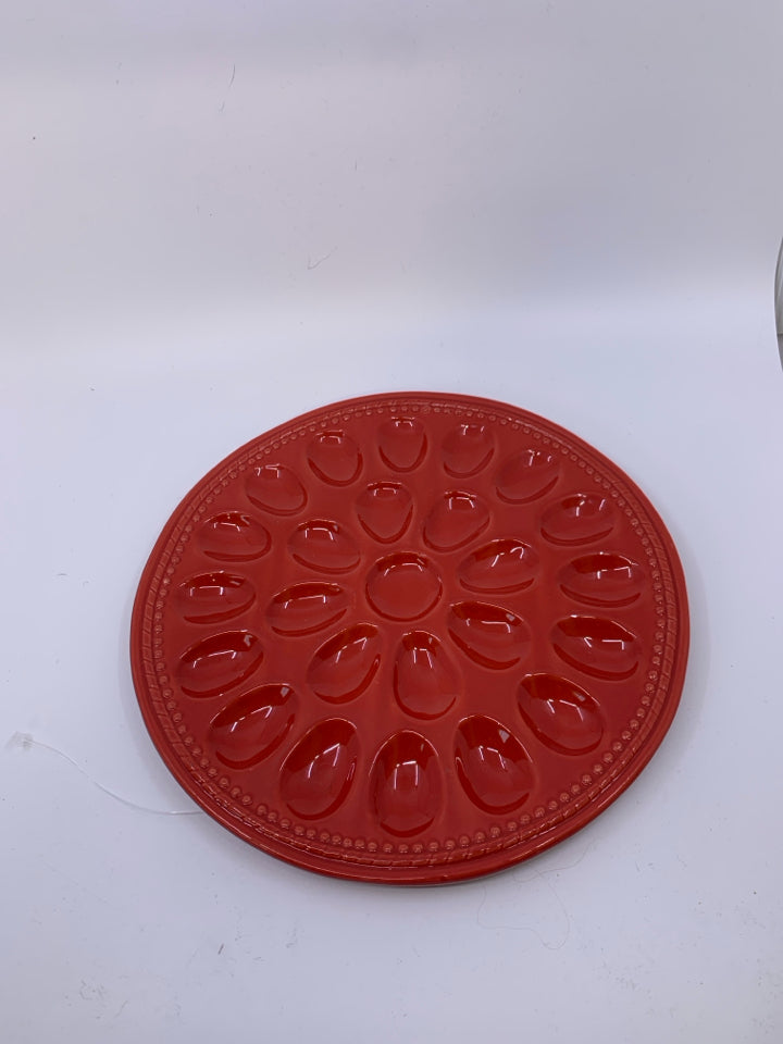 RED CERAMIC 24 SLOT DEVILED EGG PLATTER.