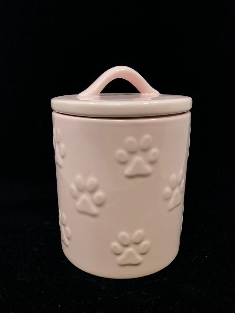 PINK CERAMIC TREAT JAR W/PAW PRINTS WINIFRED & LILY.