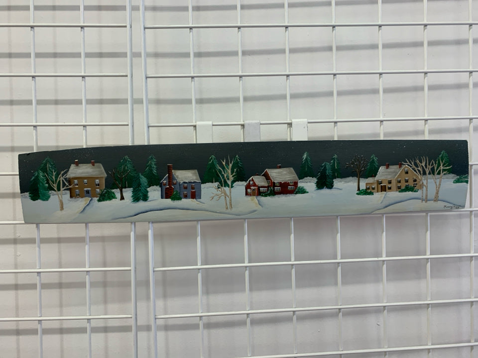 SNOWY COTTAGES PAINTED WOOD WALL ART.