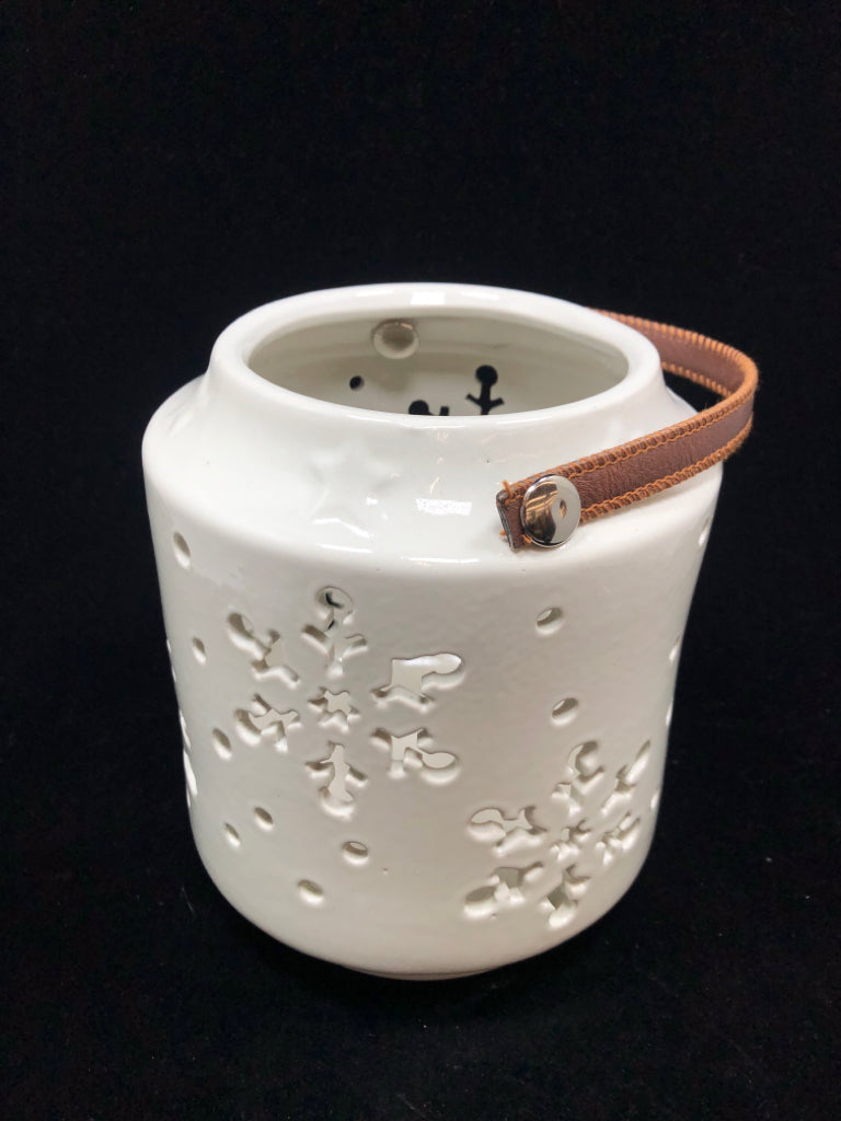WHITE CERAMIC CHRISTMAS TREE/SNOWFLAKE CUTOUT CANDLE LANTERN.
