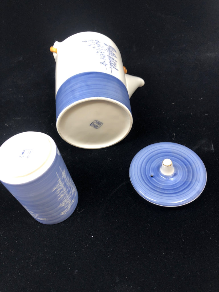 6PC BLUE JAPANESE TEAPOT SET W/PAINTED TREES.