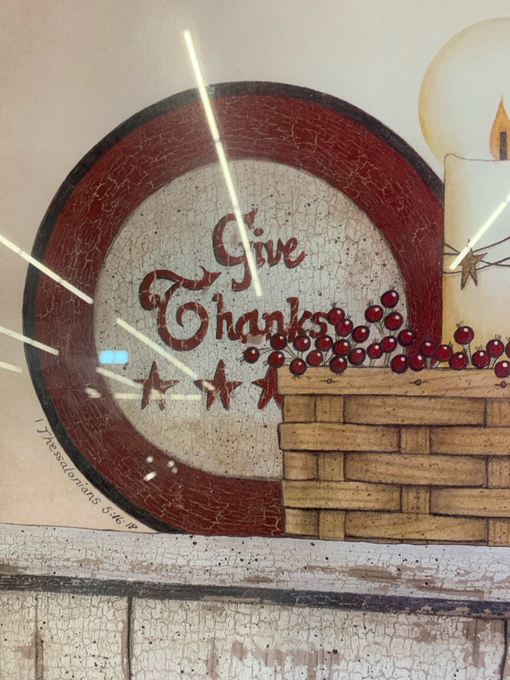 PRIMITIVE WALL ART W/ BASKET,CANDLES,PLATES,JUG.