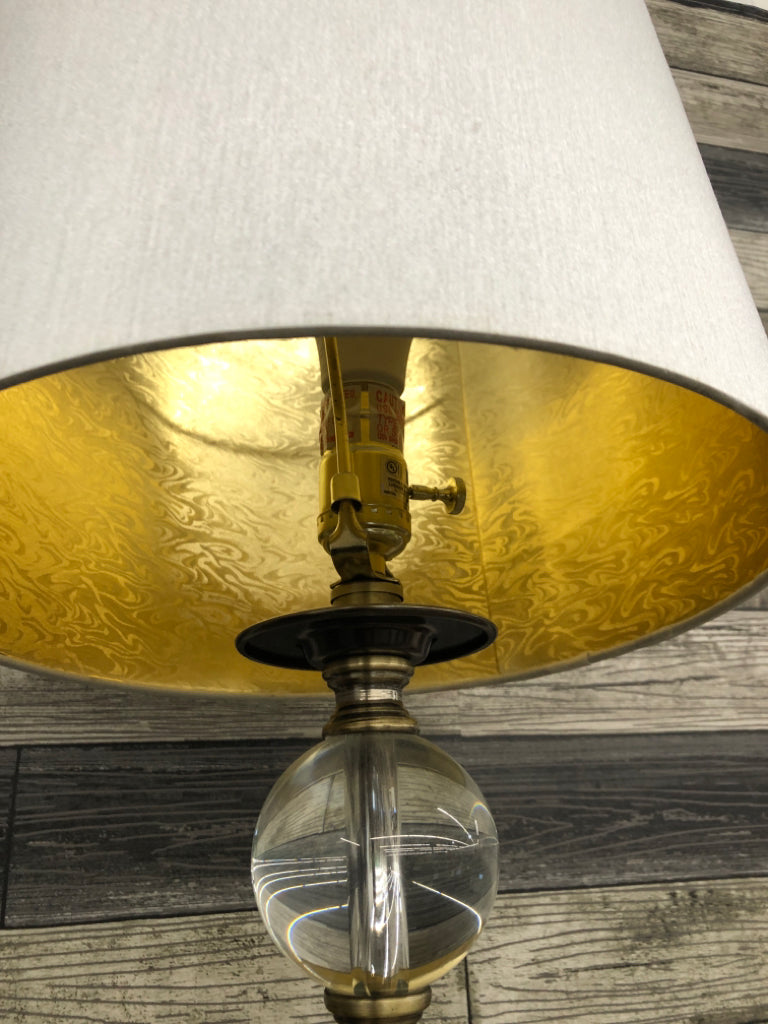 GOLD BASE GLASS BALL LAMP W/WHITE SHADE.