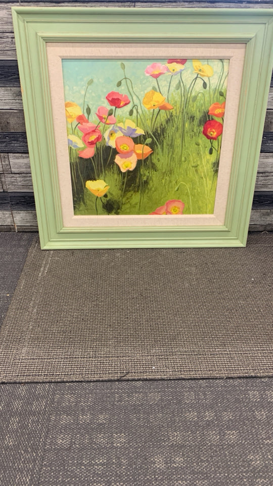 LARGE HAND-PAINTED FLORALS IN GREEN FRAME.
