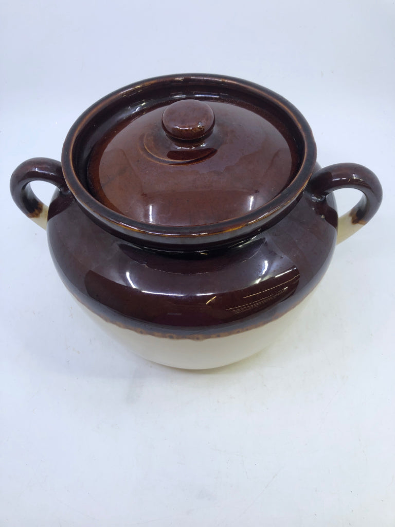 2-TONED COVERED BEAN POT W/HANDLES- BROWN & CREAM.