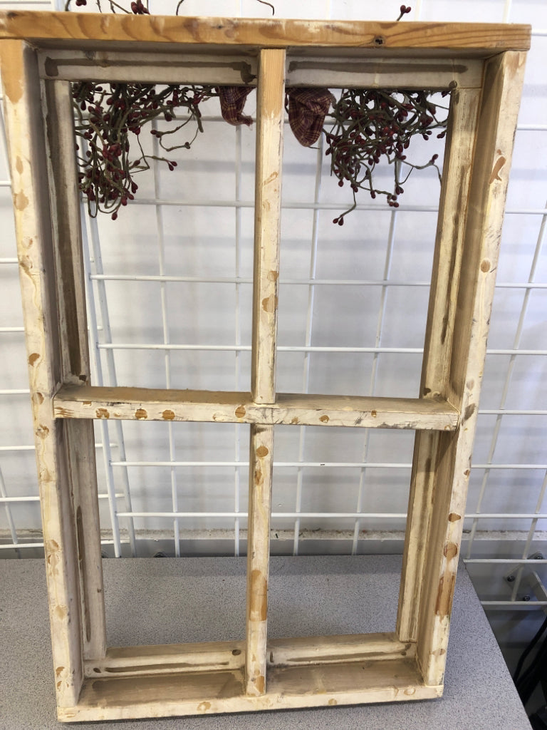 WINDOW FRAME DECOR WHITE WASHED W/FLORAL BUDS & RED BOW.