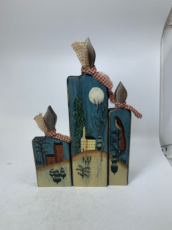 PRIMITIVE STYLE WOOD CANDLE STAND DECOR W/ CHURCH HOUSE BIRD SCENE.