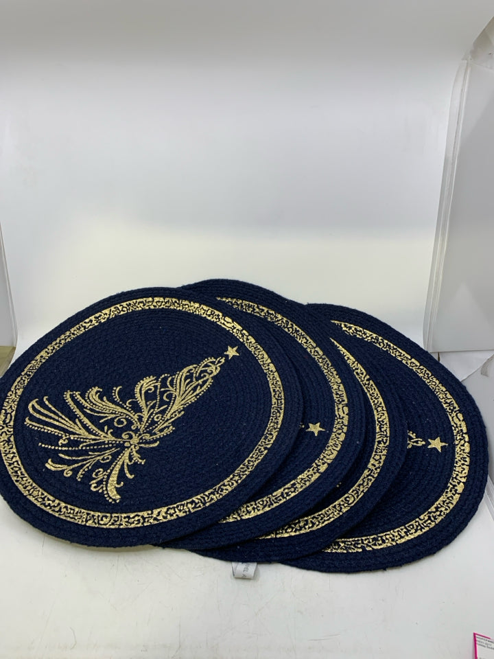 4 DARK BLUE WOVEN PLACEMATS W/ GOLD TREE.