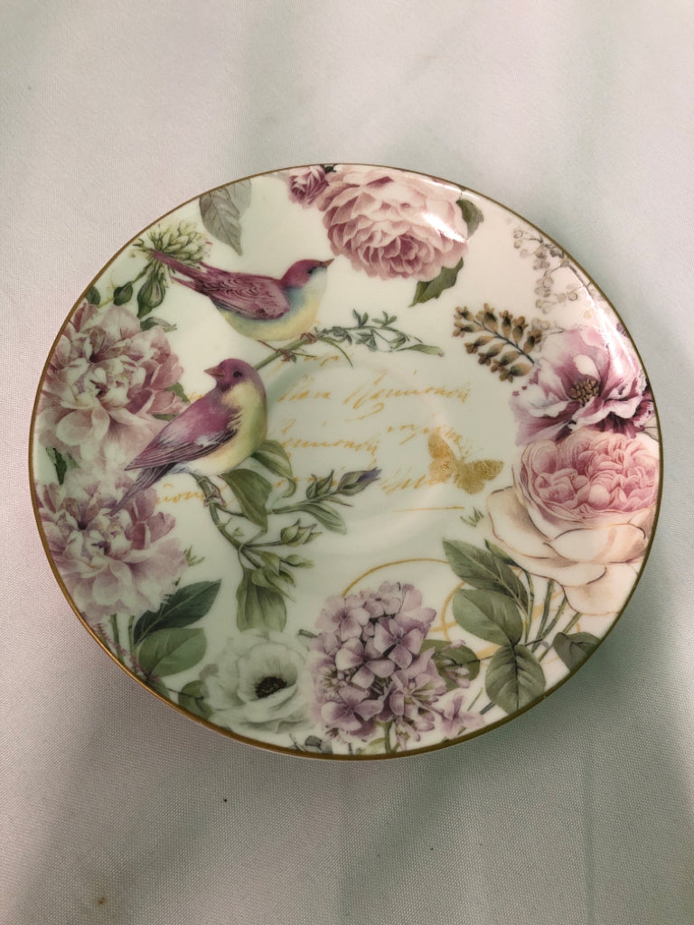 NIB CUP AND SAUCER ROSE W/ PINK BIRD IN GIFT BOX