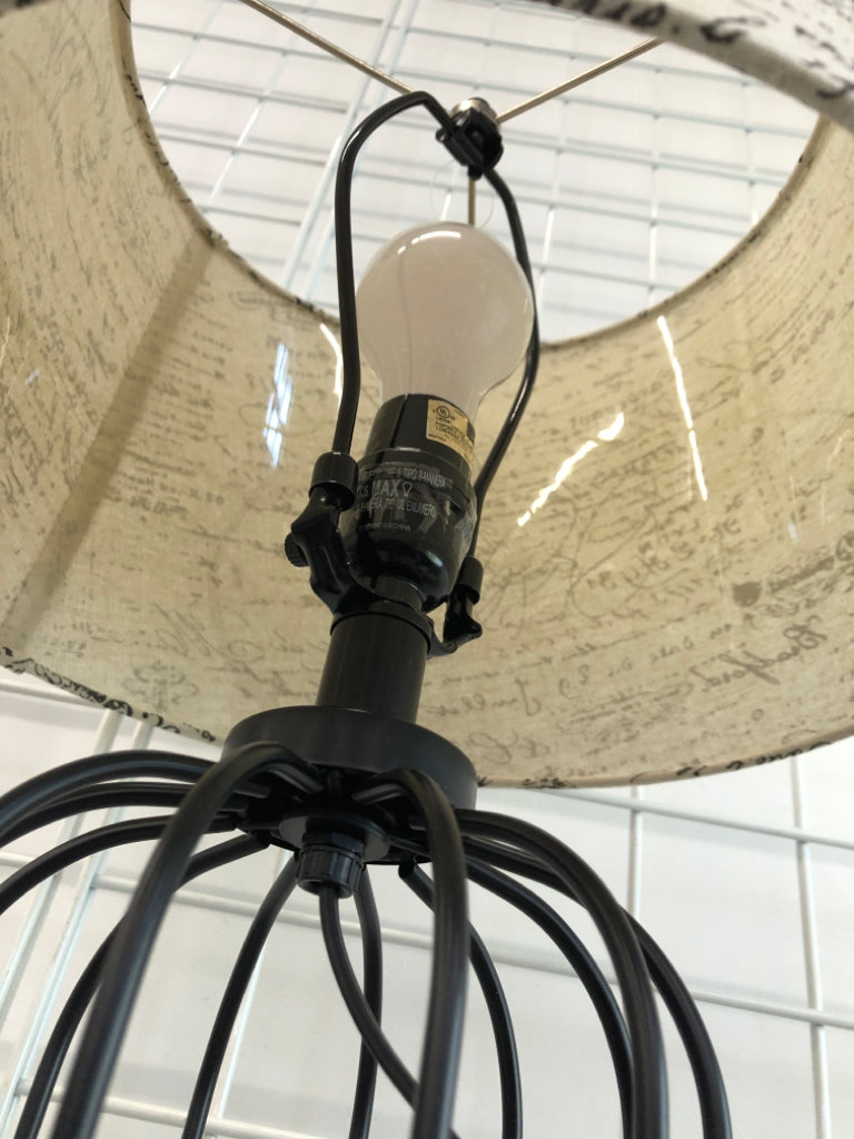 INDUSTRIAL LAMP W/SCRIPT SHADE.
