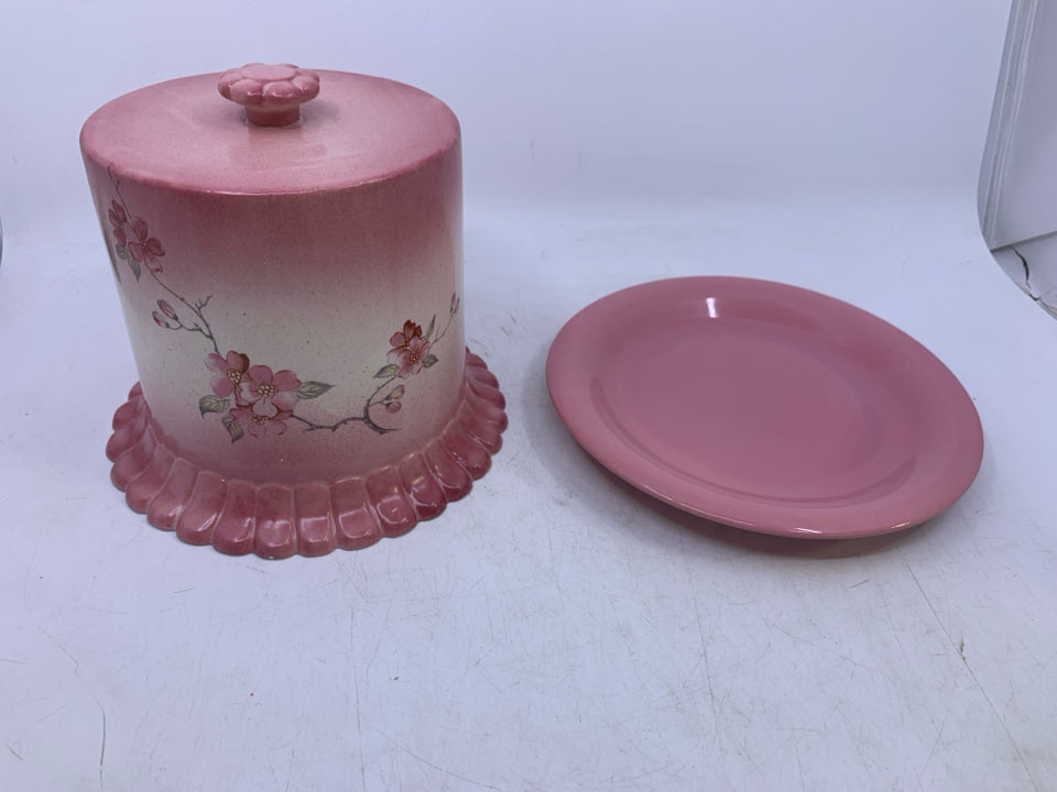 2 PC VTG PINK CERAMIC CAKE STAND/DOME W/ FLOWERS.