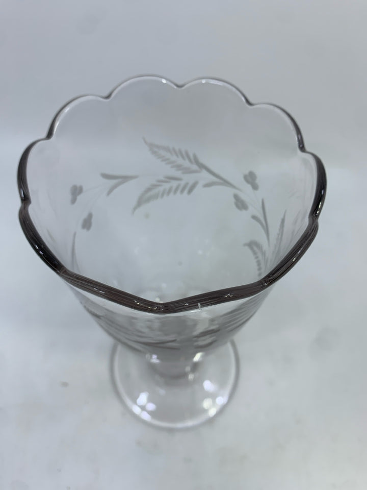 VTG FOOTED CLEAR GLASS VASE W/ETCHED FLOWERS.