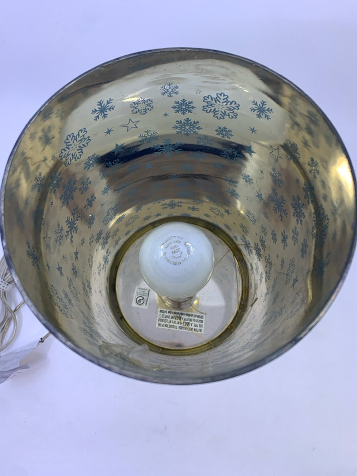 GLASS CYLINDER LAMP FROSTED BLUE W/ SNOW FLAKES.