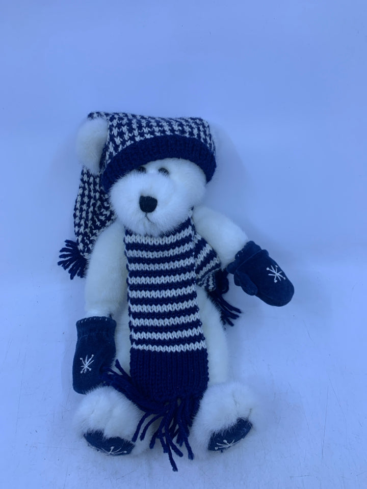 WHITE BEAR W/ NAVY MITTENS/STRIPED SCARF & HAT BOYDS BEAR.