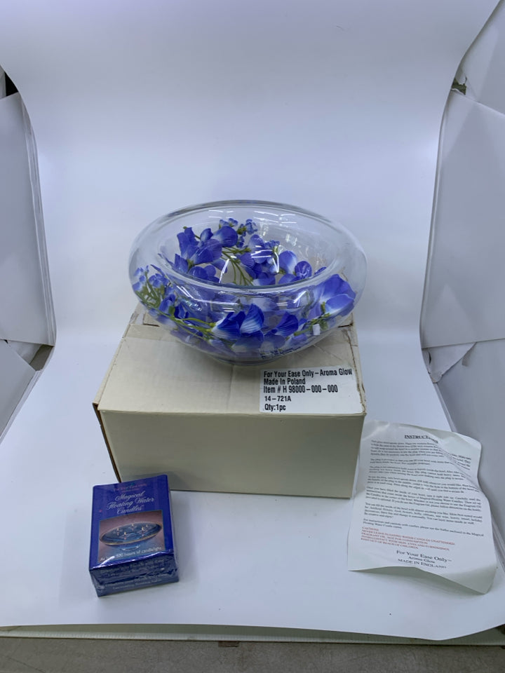 MAGICAL FLOATING WATER CANDLE SET W/ DECORATIVE BOWL AROMA GLOW MADE IN ENGLAND.