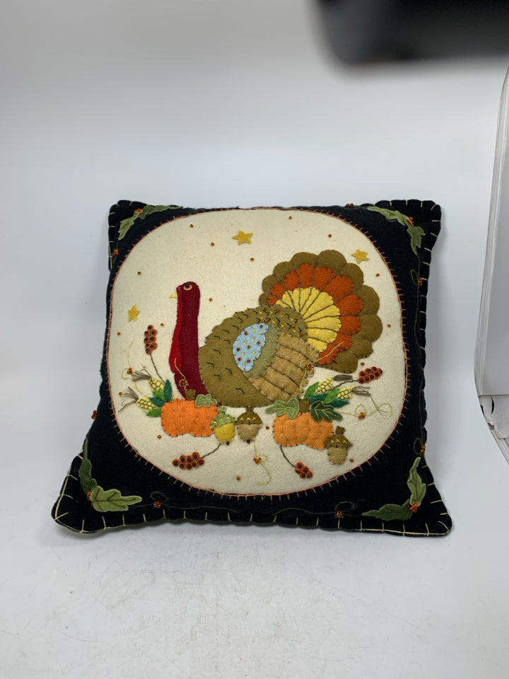 BLACK FELT PILLOW W/ BEADED TURKEY.