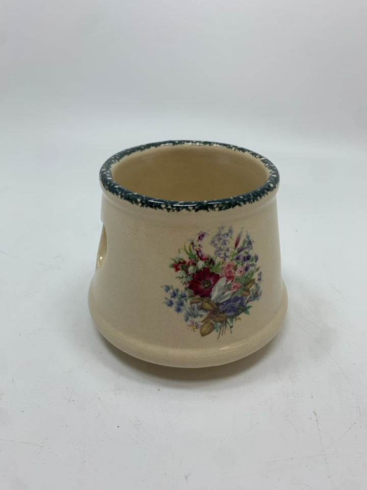 STONEWARE CANDLE TOPPER W/FLORAL BOUQUET.