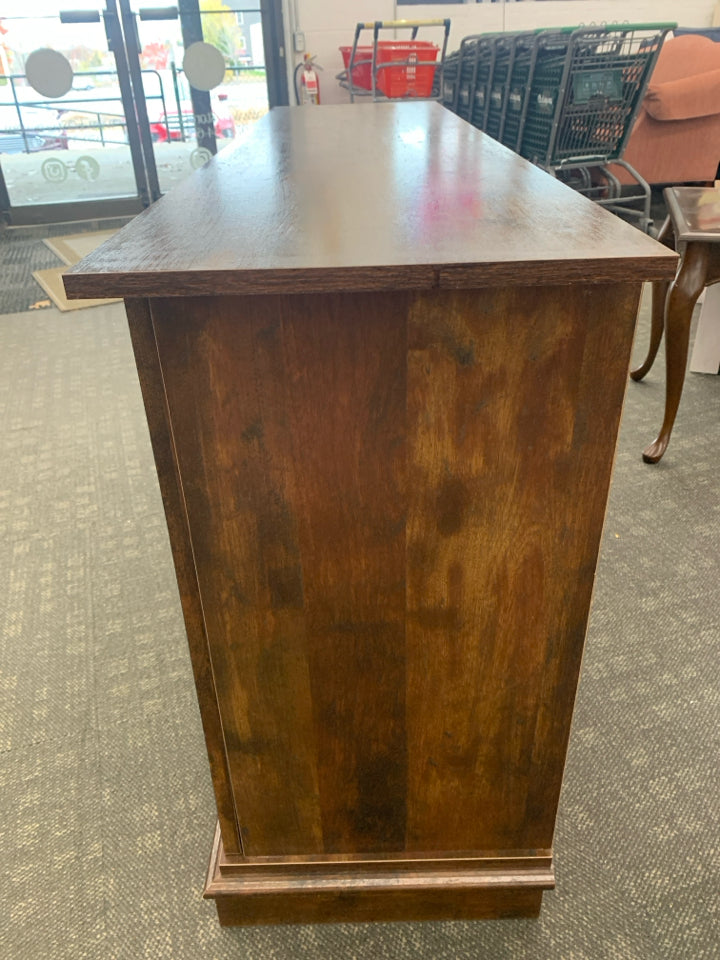DARK WOOD ENTERTAINMENT CENTER W/2 DRAWERS & 2 OPEN SHELVES.