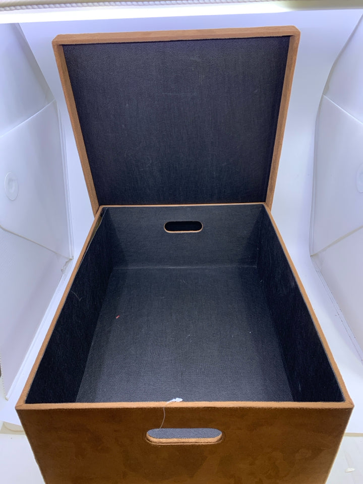 LARGE BROWN SUEDE STORAGE BOX.