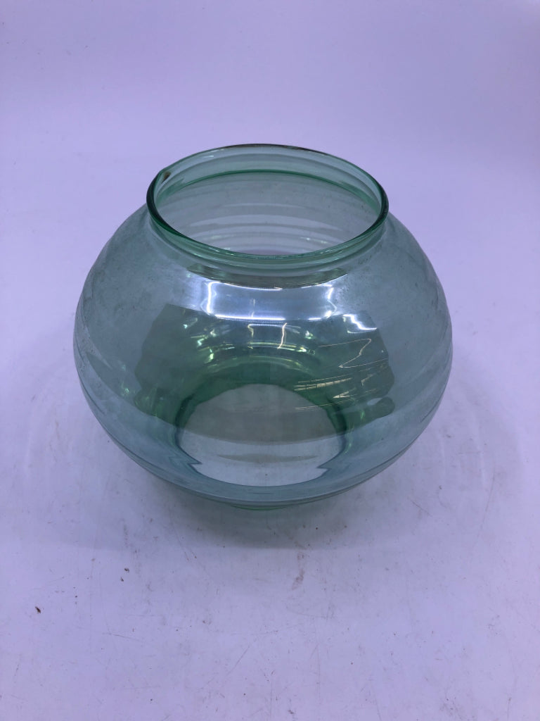 PEWTER BASE TAPERED CANDLE HOLDER W/ GREEN IRIDESCENT GLASS SHADE.