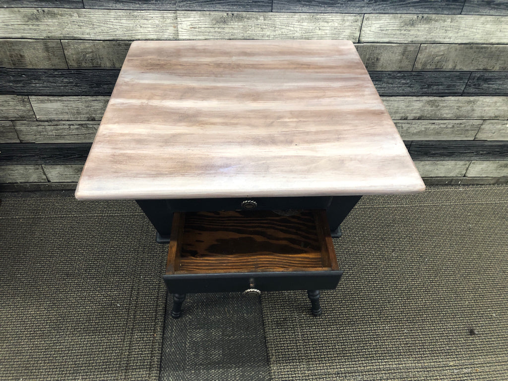 SQUARE WHITE WASHED SIDE TABLE W/BLACK BOTTOM, TWO DRAWERS.