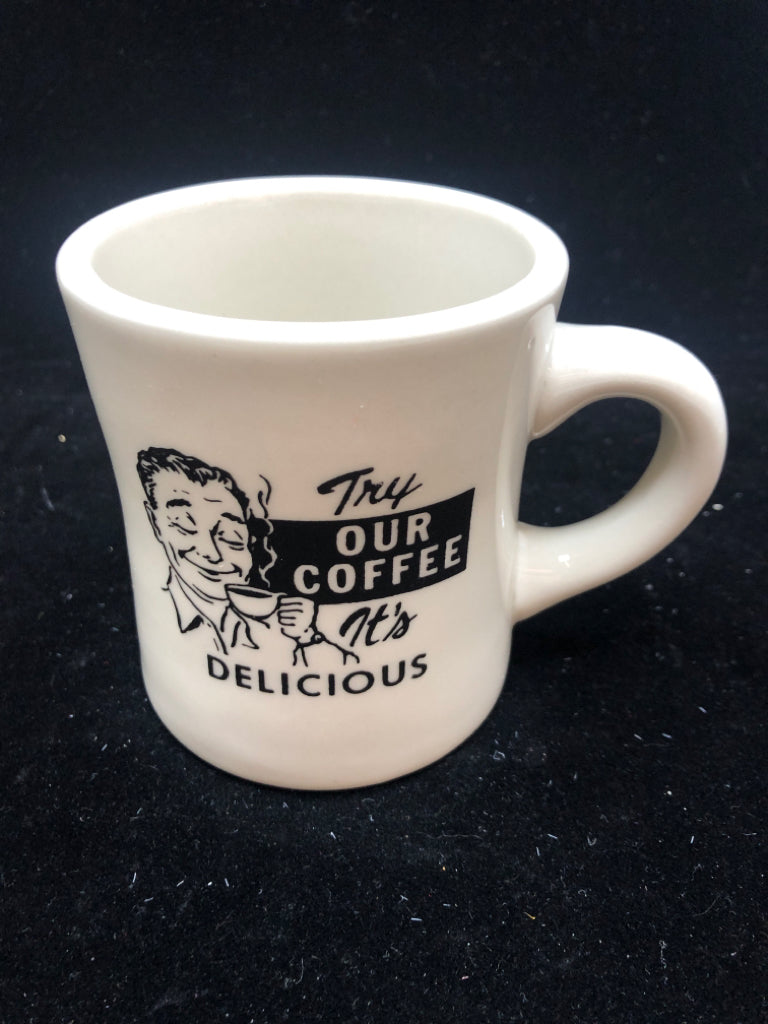 BEIGE MUG "TRY OUR COFFEE".