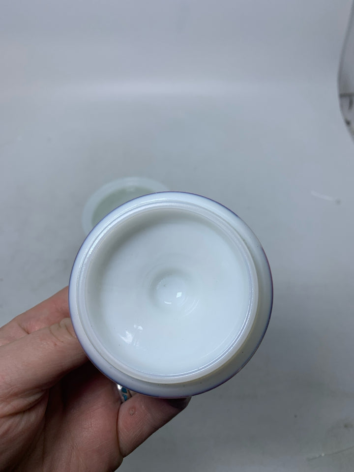 VTG SMALL MILK GLASS CANISTER W/ EAGLE COIN DETAILS.