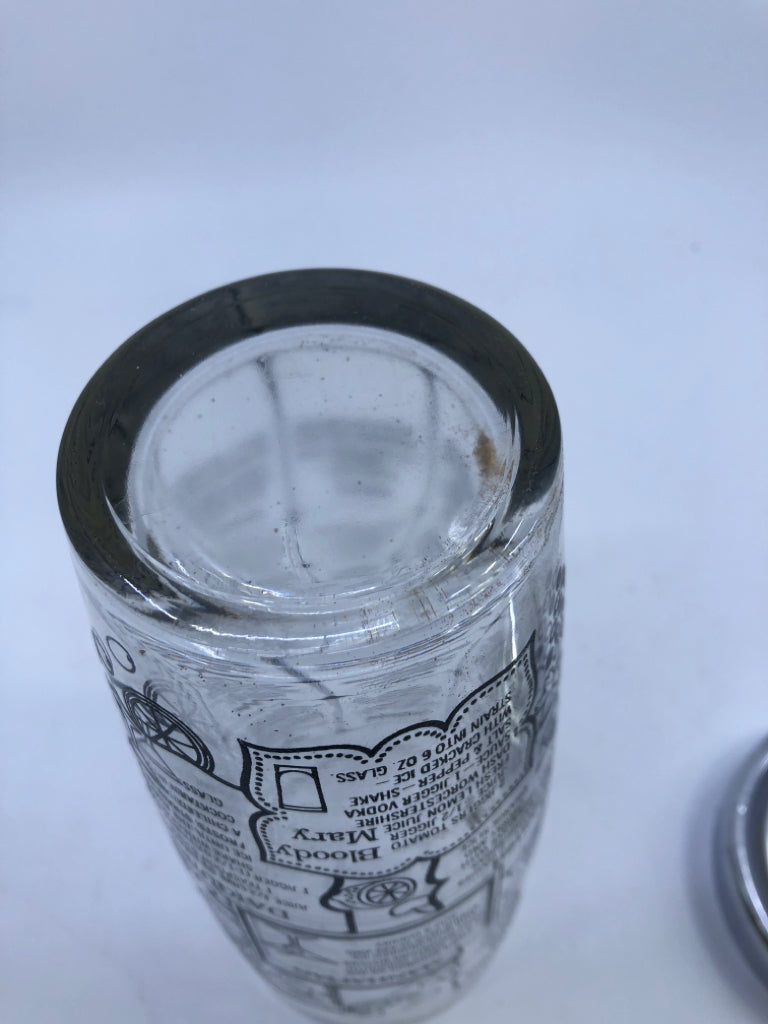 VTG GLASS COCKTAIL SHAKER W RECIPES.