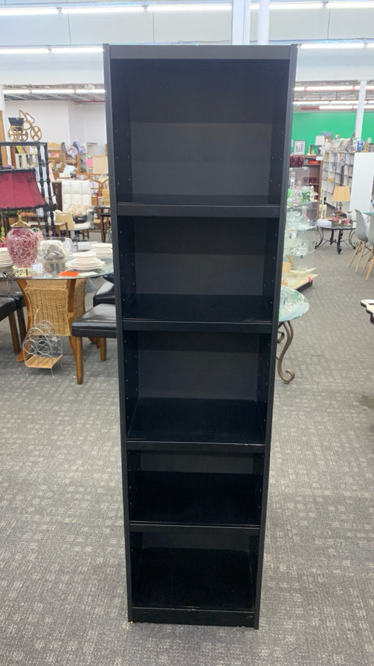 BLACK NARROW 5-SHELF BOOK CASE.