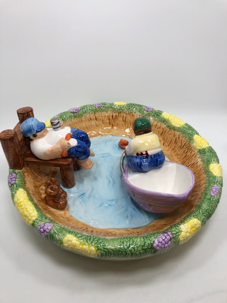 VTG LOTUS FISHERMAN CERAMIC CHIP & DIP BOWL SET.