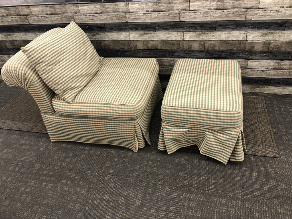 GREEN & WHITE GINGHAM CHAIR W/OTTOMAN.