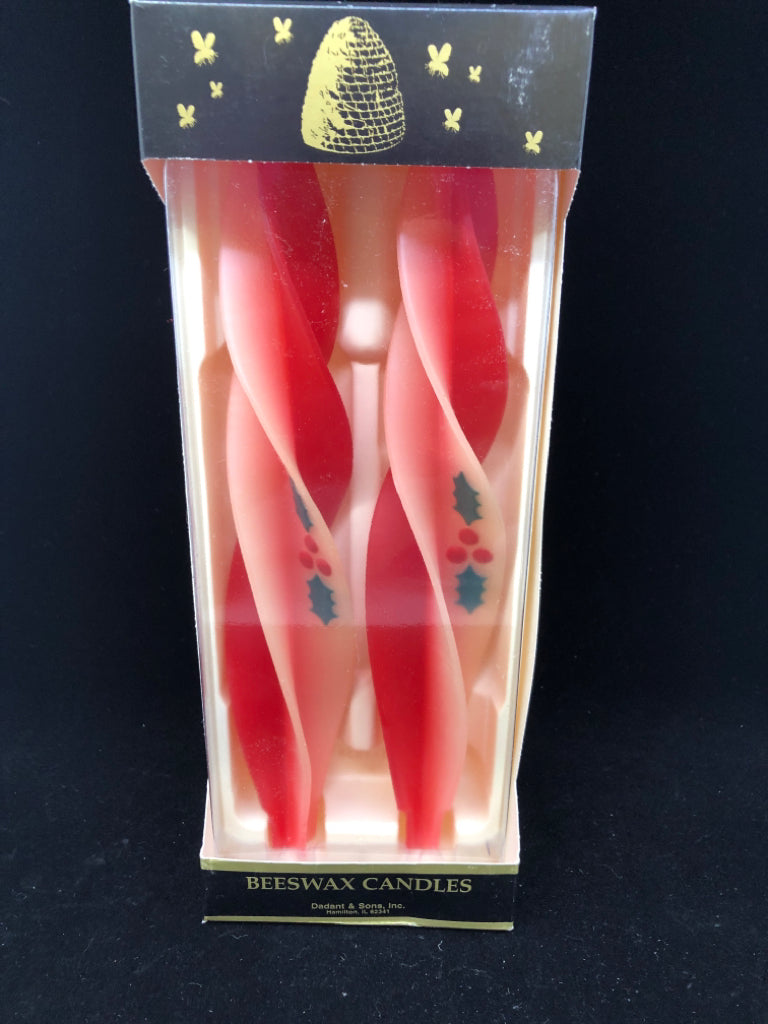 NIB BEESWAX TAPER CANDLE RED/WHITE HOLLY.