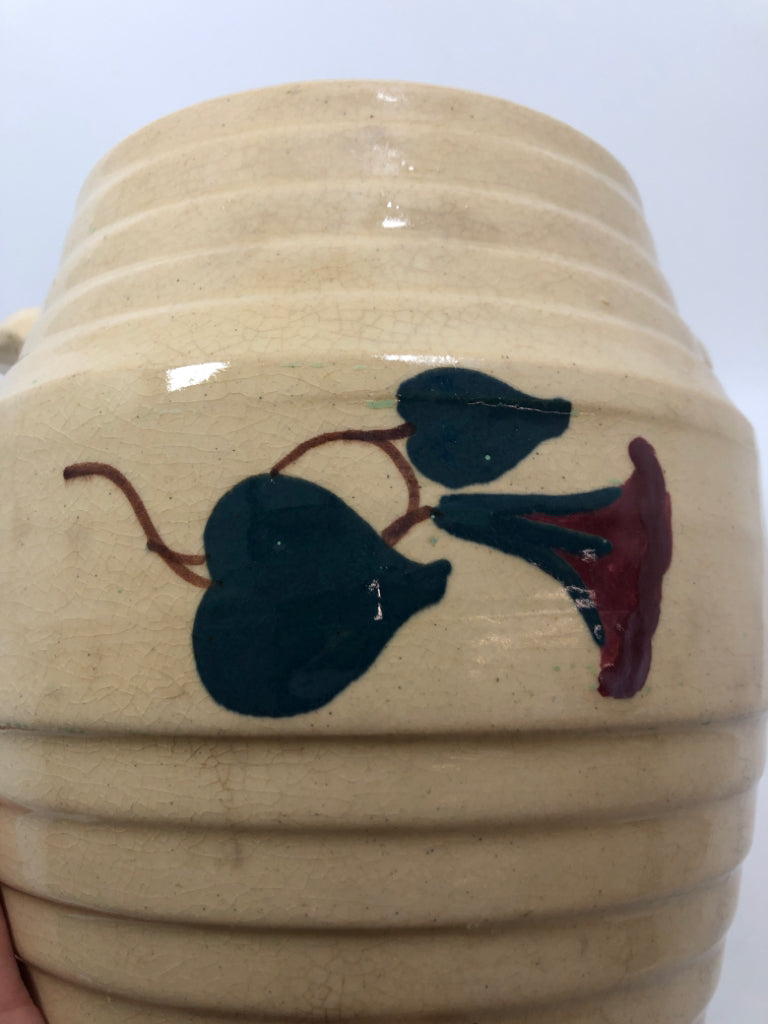 VTG SPAULDINGS POTTERY COOKIE JAR W/PAINTED FLOWER.