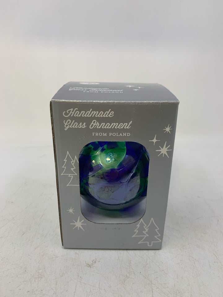 NIB GREEN/BLUE GLASS SPHERE MADE IN POLAND.