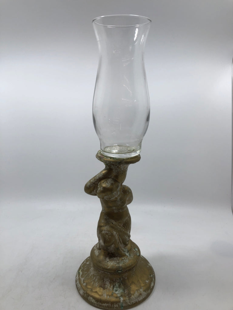GOLD FINISHED CHERUB HURRICANE CANDLE HOLDER.