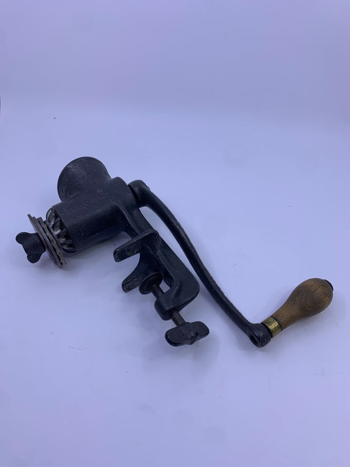 VTG CAST IRON FOOD GRINDER W/HAND CRANK.