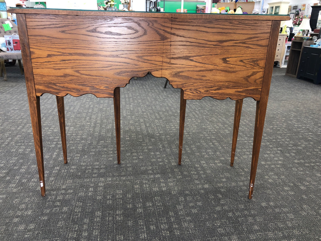 TALL WOOD BUFFET 3 DRAWER TABLE W/ GLASS TOP.