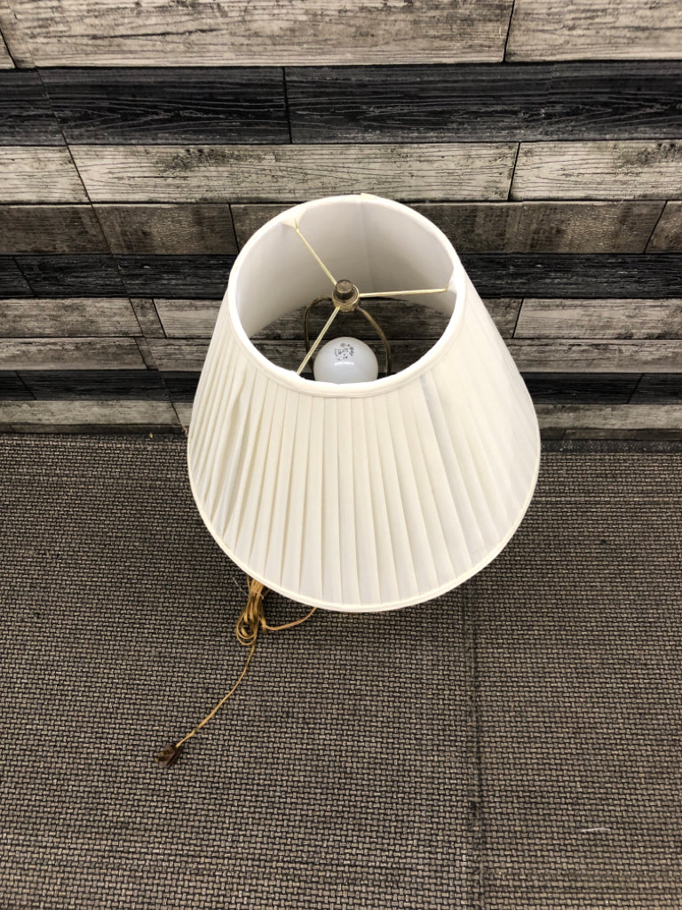 BRASS 3 WAY LAMP W CREAM SHADE.