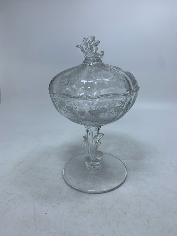 FOOTED PRESSED CLEAR GLASS SMALL CANDY DISH W/ LID.