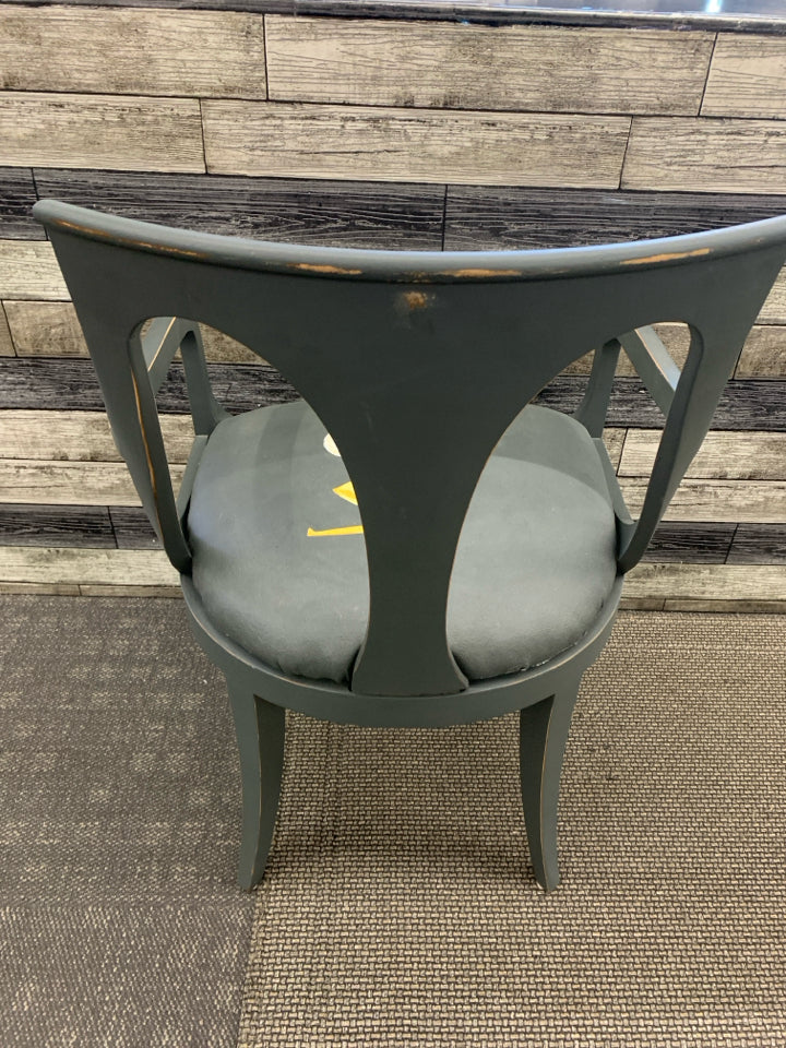 2 REFURBISHED DARK GREY ACCENT CHAIRS W/ PAINTED SEA BIRDS ON SEAT.
