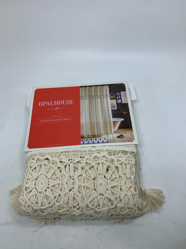 CROCHETED SHOWER CURTAIN.
