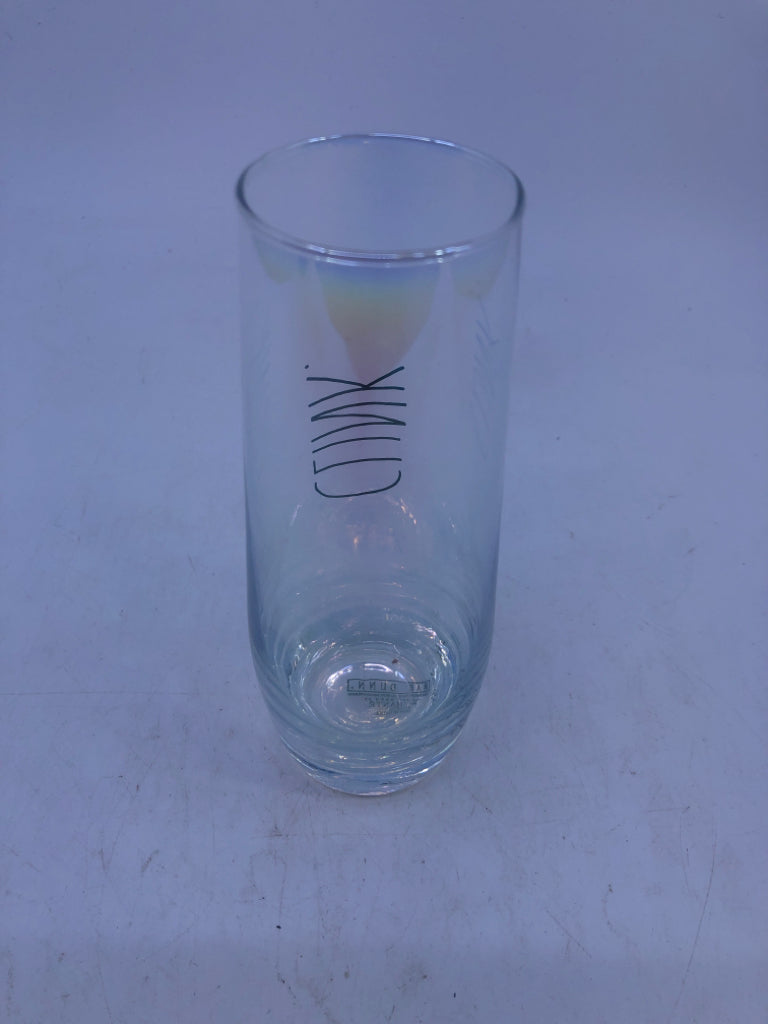 2 IRIDESCENT TOAST/CLINK RAE DUNN CHAMPAGNE STEMLESS FLUTES.