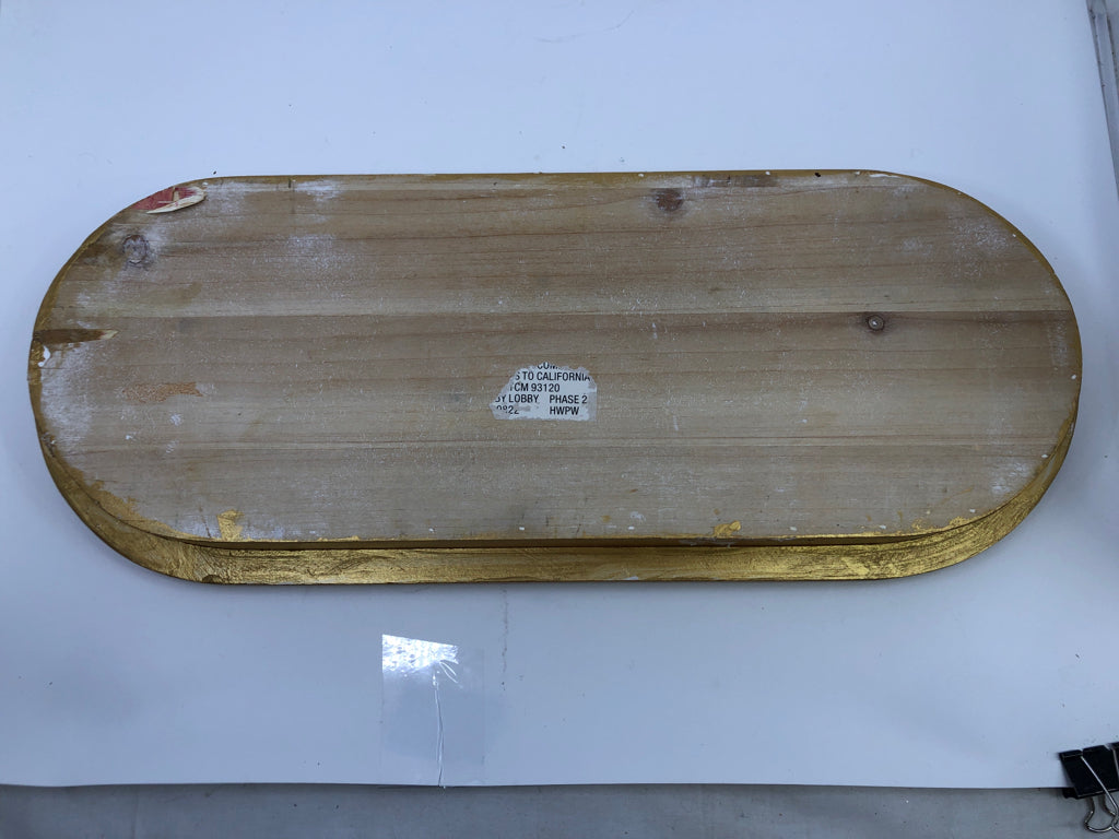 WOOD GOLD PAINTED LIGHT WEIGHT WOOD OVAL TRAY W/ BEADED EDGE.