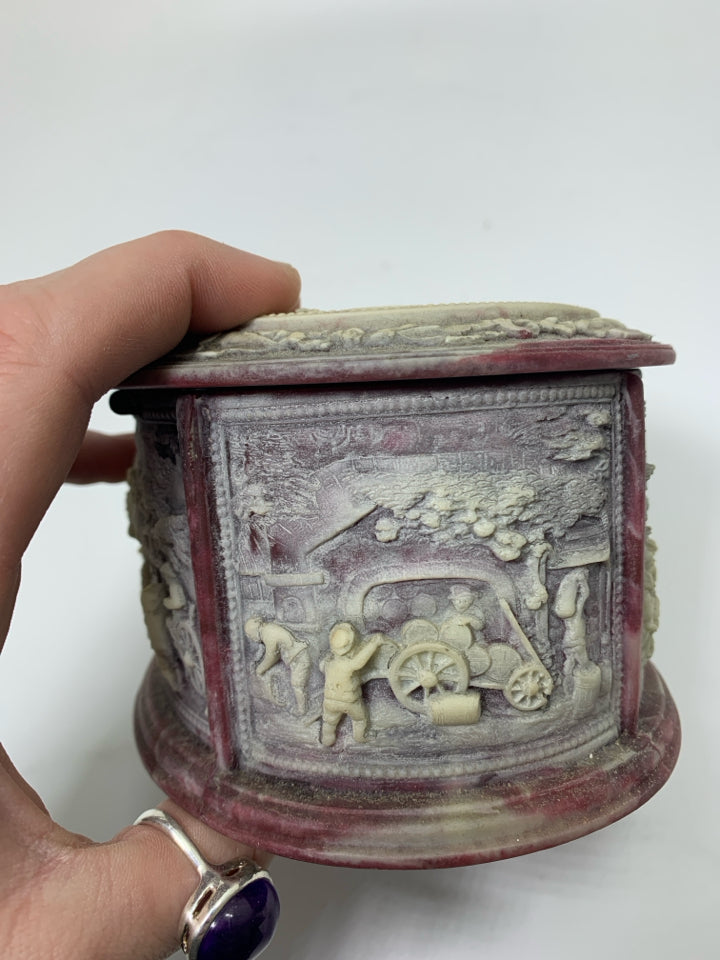 VTG INCOLAY STONE OVAL LARGE TRINKET BOX W/ CARVED VILLAGE LIFE SCENE.