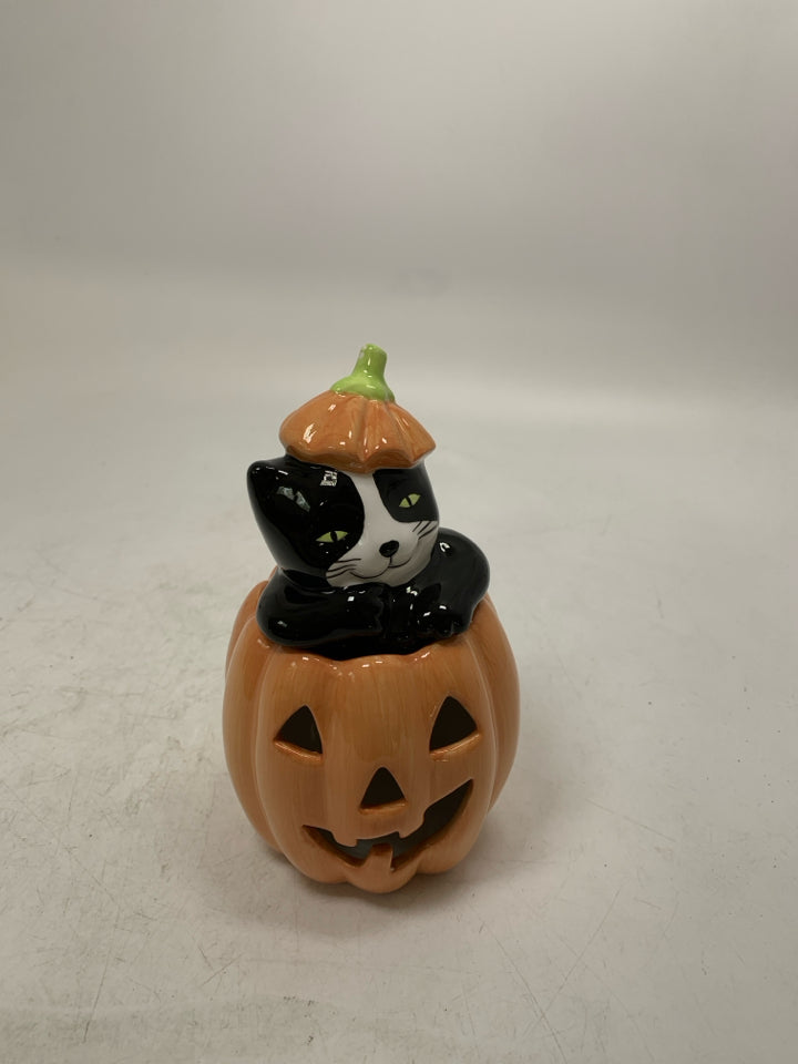 BLACK/WHITE CAT POPPING OUT OF JACKO LANTERN TEALIGHT HOLDER.